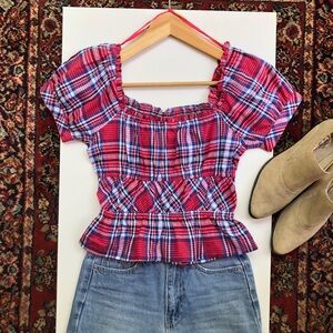 NEW Sim & Sam Red White & Blue Plaid Milkmaid Top